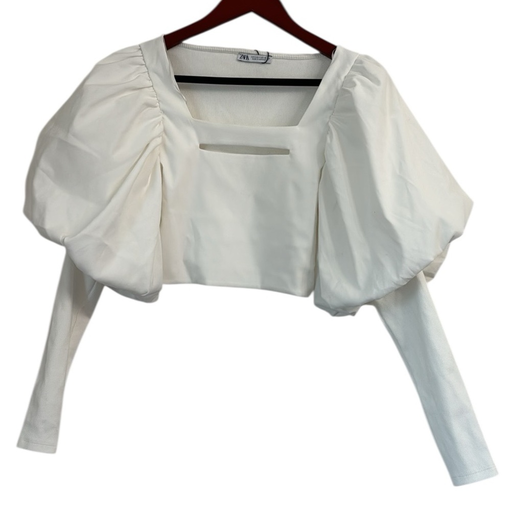 ZARA White Puff Long Sleeve Cut Out Square Neck Crop Top Size S